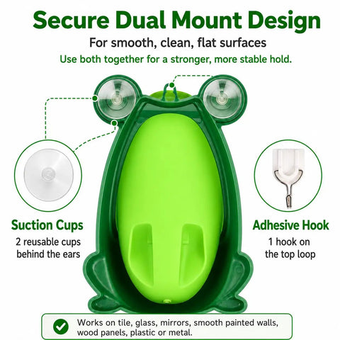 Cute Green Frog Potty Urinal For Toddlers Featuring Playful Aiming Target, showing dual mount design with suction cups and hook.