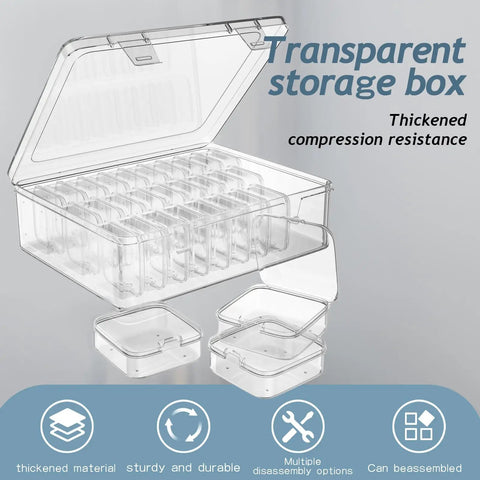 Clear Bead Organizer Kit With 30 Small Storage Containers, Hinged Lids And Label Tabs shown with open lid and removable containers