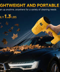 Cordless Leaf Blower For 20V Max Battery Compatibility Mini Turbo Jet Handheld Blower directing airflow over black car hood with leaves.