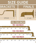 Size guide for wraparound blackout curtain rod, showing bracket and final dimensions for adjustable 95 to 150 inch rod.