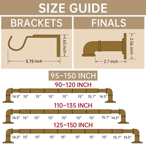 Size guide for wraparound blackout curtain rod, showing bracket and final dimensions for adjustable 95 to 150 inch rod.