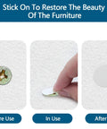 Application of 280 White Self-Adhesive Screw Hole Stickers on furniture before and after use, showing dustproof 12mm PVC covers.
