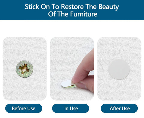 Application of 280 White Self-Adhesive Screw Hole Stickers on furniture before and after use, showing dustproof 12mm PVC covers.