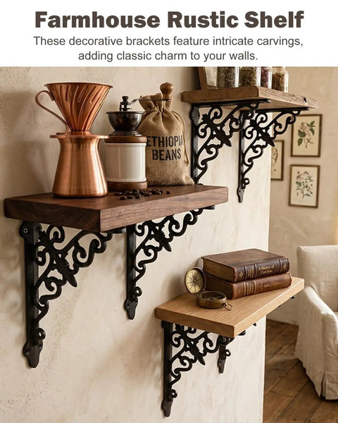 Rock Solid Vintage Cast Iron Shelf Brackets With Ornate European Scroll Design And Heavy Duty Floating Wall Mount Support For A Total Home Game Changer, showcasing rustic shelves with decorative brackets.