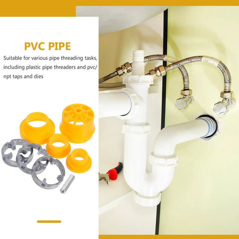 Professional Electric Pipe Threader Kit For Pvc Plastic Pipes showing yellow and gray threading tools for plumbing use.