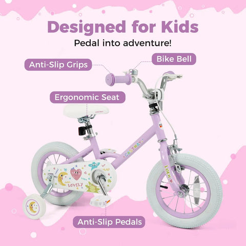 Purple kids 12 inch bike for girls and boys ages 3 to 8 with training wheels, anti-slip grips and ergonomic seat.