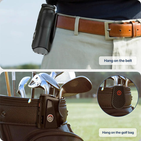 Heavy Duty Steel Belt Clip For Magnetic Golf Rangefinders And Accessories fitted on belt and golf bag