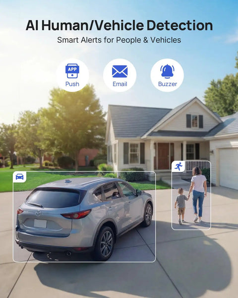 AI detection of vehicle and humans outside home for Hardwired Security Camera System With Night Vision And One Way Audio, Dope 8 Channel 3K Lite DVR, 8 Outdoor 5MP Cameras, 350 Degree Pan And 90 Degree Tilt, Human And Vehicle Detection, IP65 Weatherproof, 1TB HDD For Around The Clock Recording