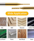 Wide application of Dope Pro Grade 10 Piece Titanium Coated End Mills Set with examples of materials: PCB, MDF, plywood, carbon fiber, plastic, resin.