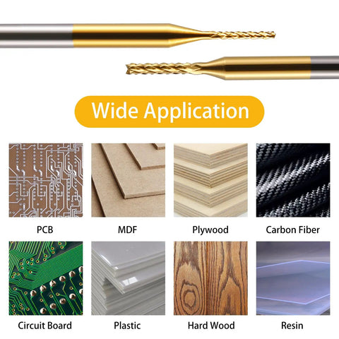 End Mill Sets 10-Piece Titanium Coated 1/8 Inch Shank Micro Engraving Bits CNC Router Bits with material applications display