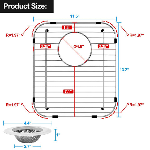 Diagram showing dimensions of Two Pack 304 Stainless Steel Sink Grids For Rear Drain Sinks Built To Last Durable Kitchen Sink Protectors 13.2 By 11.5 Inches Anti Scratch Metal Rack With Strainer Included.