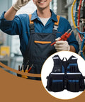 Industrial Grade Heavy Duty Adjustable Work Vest Multi Pocket Utility Carry For Plumbers Electricians Carpenters Smart Storage Pockets Tough As Nails Black Blue worn by tradesman with tools in hands