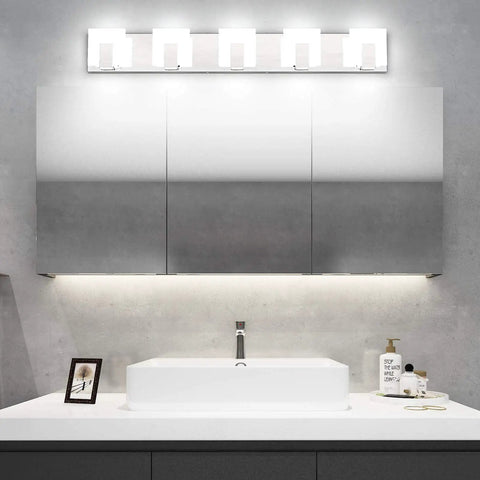 Five Light Dope Modern LED Bathroom Vanity Light Up And Down Wall Fixture In Acrylic And Stainless Steel Chrome Finish over mirror