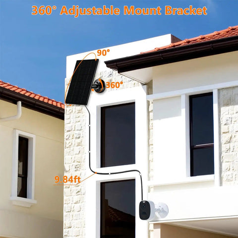 6W Outdoor Solar Panel Charger For Security Cameras With 5V USB Or USB-C Power Recharges Battery Cameras IP66, mounted on house