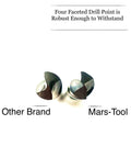 Comparison of drill points, Other Brand vs. Mars-Tool, four faceted point, for Two Pack Solid Carbide Drill Bits For Hardened Steel.
