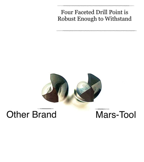 Comparison of drill points, Other Brand vs. Mars-Tool, four faceted point, for Two Pack Solid Carbide Drill Bits For Hardened Steel.