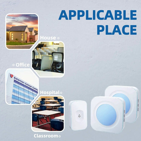 Long Range Wireless Doorbell Kit 1200 Feet Plug In Receiver System with two white receivers and locations shown: house, office, hospital, classroom.