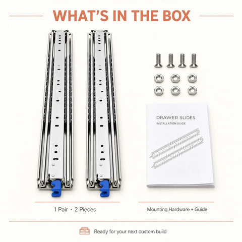 80 Inch Heavy Duty Locking Drawer Slides For Mobile Storage, 500 Lbs Per Pair, Yellow Lock Levers, Built Tough For Truck Bed Drawers, RV Compartments, Trailer Storage And Pull Out Cargo Trays. What's in the box: 1 pair, hardware, guide