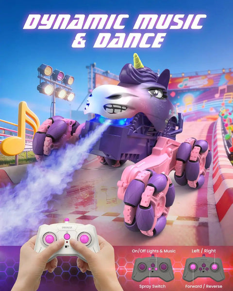 1:18 Scale Pink Unicorn Monster Truck Remote Control Car With 360 Spin Dance Lights And Spray, 2.4 GHz 4WD RC Toy