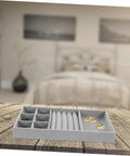 Essential Leather Jewelry Tray With Five Grid Layout For Earring Display Plate And Ring Holder Countertop Organizer on wooden table.