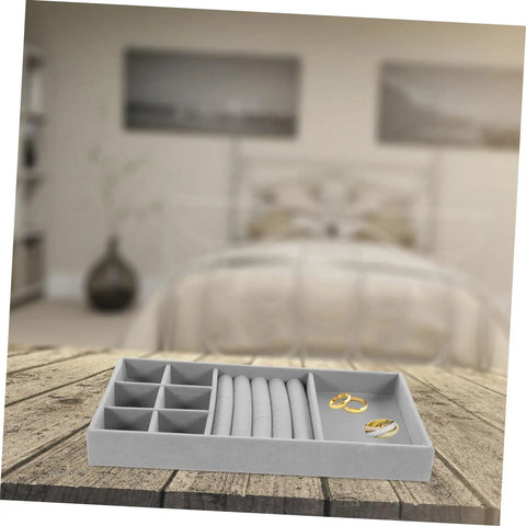 Essential Leather Jewelry Tray With Five Grid Layout For Earring Display Plate And Ring Holder Countertop Organizer on wooden table.