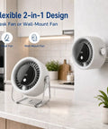 Chill Portable Desk Fan With 199 Speed Settings for home or office, showing desk and wall mount options in kitchen
