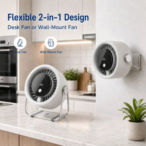 Chill Portable Desk Fan With 199 Speed Settings for home or office, showing desk and wall mount options in kitchen