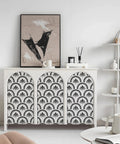 Black Geometric Peel And Stick Wallpaper For Bedroom Accent Walls And Drawer Liner Removable Self Adhesive Vinyl Contact Paper used on a modern credenza.