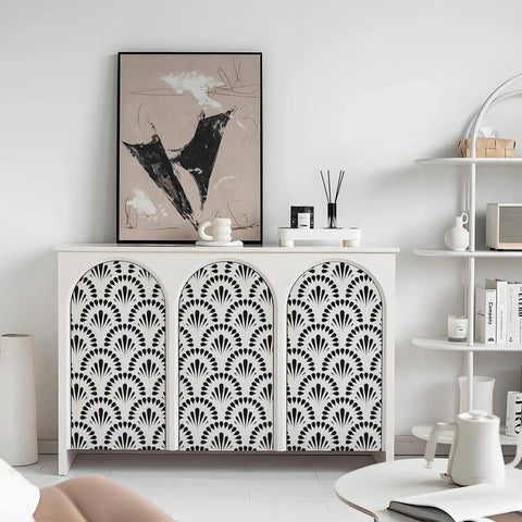 Black Geometric Peel And Stick Wallpaper For Bedroom Accent Walls And Drawer Liner Removable Self Adhesive Vinyl Contact Paper used on a modern credenza.