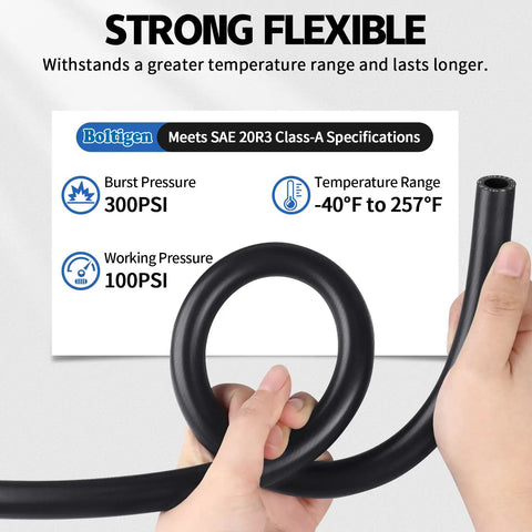 Five Eighth Inch Heater Hose, 10 Feet Long EPDM Double Spiral Radiator Coolant Line specifications and pressure ratings visible