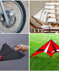 Collage showing a bicycle wheel, model ship, paper airplane, and red kite on grass, illustrating various hobby projects and models.