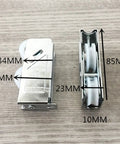 Premium Two Piece Aluminum Double Wheel Roller Hardware featuring slick nylon glide pulleys, showing size measurements.