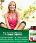 Smiling woman outdoors beside product with Mega Potent D Mannose 1000 Mg Per Serving, 180 Vegan Capsules, Fast Acting Urinary Tract Health Support