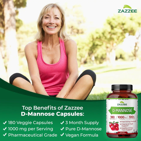 Smiling woman outdoors beside product with Mega Potent D Mannose 1000 Mg Per Serving, 180 Vegan Capsules, Fast Acting Urinary Tract Health Support