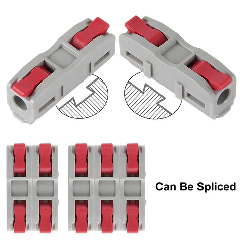 60 Piece Push In Lever Wire Nuts 1 In 1 Out Electrical Splice Connectors Slick No Sweat Tool Free Wiring Kit For Automotive And Household Circuits 28 To 12 AWG Black Red Set showing grey connectors with red levers for easy wiring.