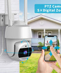 2K Outdoor Security Camera With 4MP HD Video And 360 Degree Pan Tilt Wireless 2.4G WiFi IP66 Weatherproof Motion Alerts Auto Tracking Two Way Talk Color Night Vision Spotlight And Siren Alarm For Home Security, showing camera mounted on house wall with person adjusting settings on smartphone, highlighting PTZ and digital zoom features.