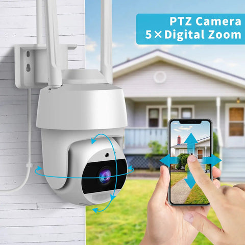 2K Outdoor Security Camera With 4MP HD Video And 360 Degree Pan Tilt Wireless 2.4G WiFi IP66 Weatherproof Motion Alerts Auto Tracking Two Way Talk Color Night Vision Spotlight And Siren Alarm For Home Security, showing camera mounted on house wall with person adjusting settings on smartphone, highlighting PTZ and digital zoom features.