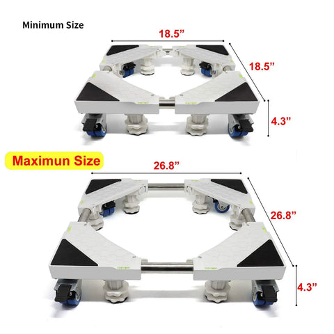 Heavy Duty Washing Machine Base Stand With Built Tough Movable Adjustable Frame, Eight Durable Feet and Wheels, in two sizes