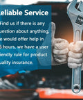Mechanic holding wrench, reliable service text overlay, offering 16-hour support for product quality insurance