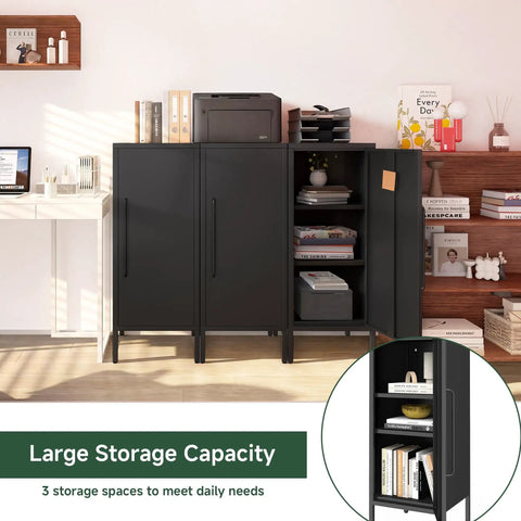 Front view of Beefy Heavy Duty 39.5 Inch Metal Storage Cabinet With Magnetic Door Featuring 3 Compartments And 2 Adjustable Shelves in black.