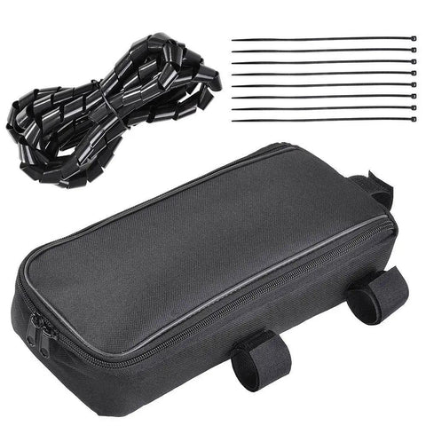 Black accessory bag and cable ties for Turn Your Regular Bike Into a Street Ready E Bike With This 48V 1000W Front Hub Conversion Kit