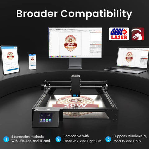 Ray5 20W Pro Grade Laser Engraver And Cutter With 3.5 Inch Touch Screen For DIY Projects setup with multiple devices