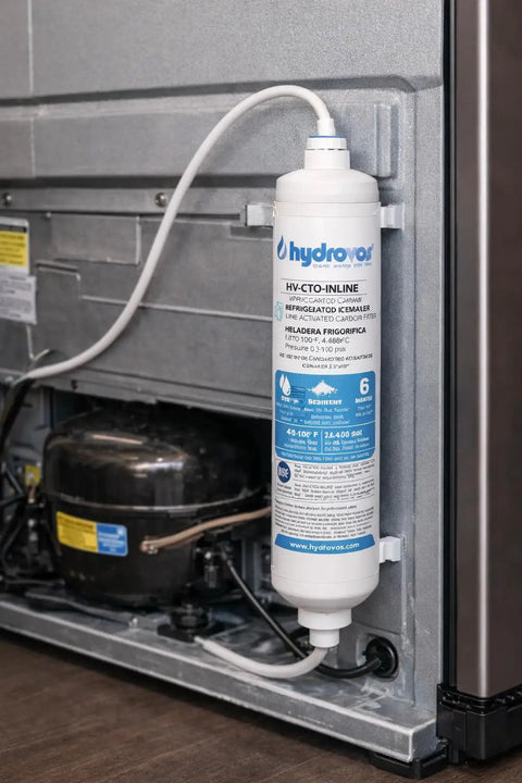 Inline Water Filter For Ice Makers Fridges Dishwashers And RO Setups With One Quarter Inch FPT Threaded Connection NSF Certified Fittings Not Included Removes Odors And Off Tastes For Fresh Water installed in fridge