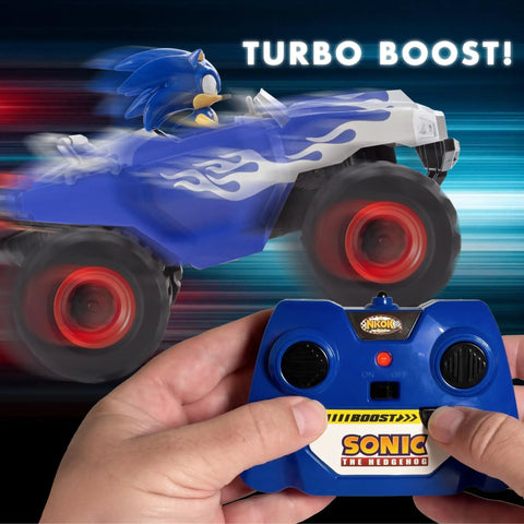 RC Sonic Racing CrossWorlds Monster Truck Ready To Run 2.4GHz Remote Control Toy in motion with turbo boost feature