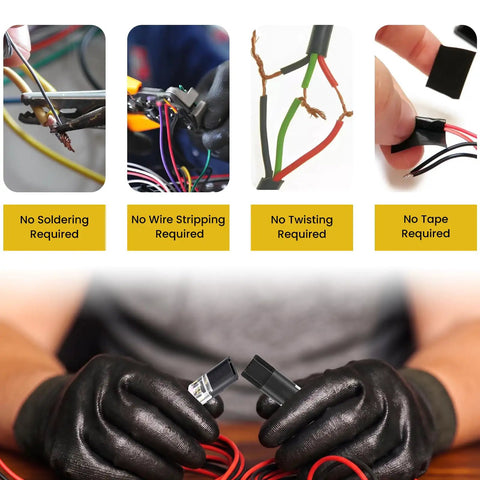 Heavy Duty 62 Piece Solderless Wire Tap Connector Kit Featuring Five Quick Snap Sizes For Zero Fuss Low Voltage Wiring And Dead Simple Diy Connections That Make Splicing A Breeze showing connectors for no soldering, no twisting, and no tape required.