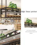 Front view of installed 3 In 1 Ceiling Wine Rack With Glass And Bottle Holder For Bar, Garage Or Wall Mount Storage Shelf, Hang Plants, Dope Iron Frame, Heavy Duty Design, Safe Ceiling Suspension Up To 100kg with protective edge fence.