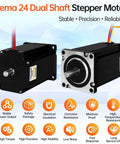 Front and side views of two NEMA 24 dual-shaft stepper motors with mounting flanges and colored wire bundles.