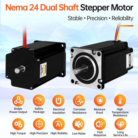 Front and side views of two NEMA 24 dual-shaft stepper motors with mounting flanges and colored wire bundles.