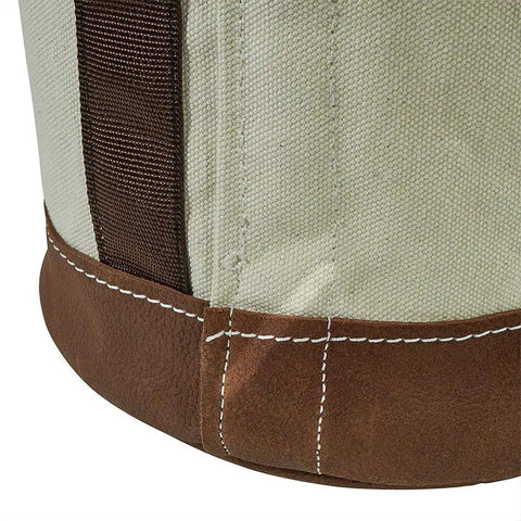 Close-up of a 12 Inch Canvas Utility Bucket With Leather Bottom And Reinforced Leather Rim Natural Color With Multicolor Trim.