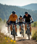 Group of cyclists riding mountain bikes on a dirt trail through a scenic outdoor landscape.